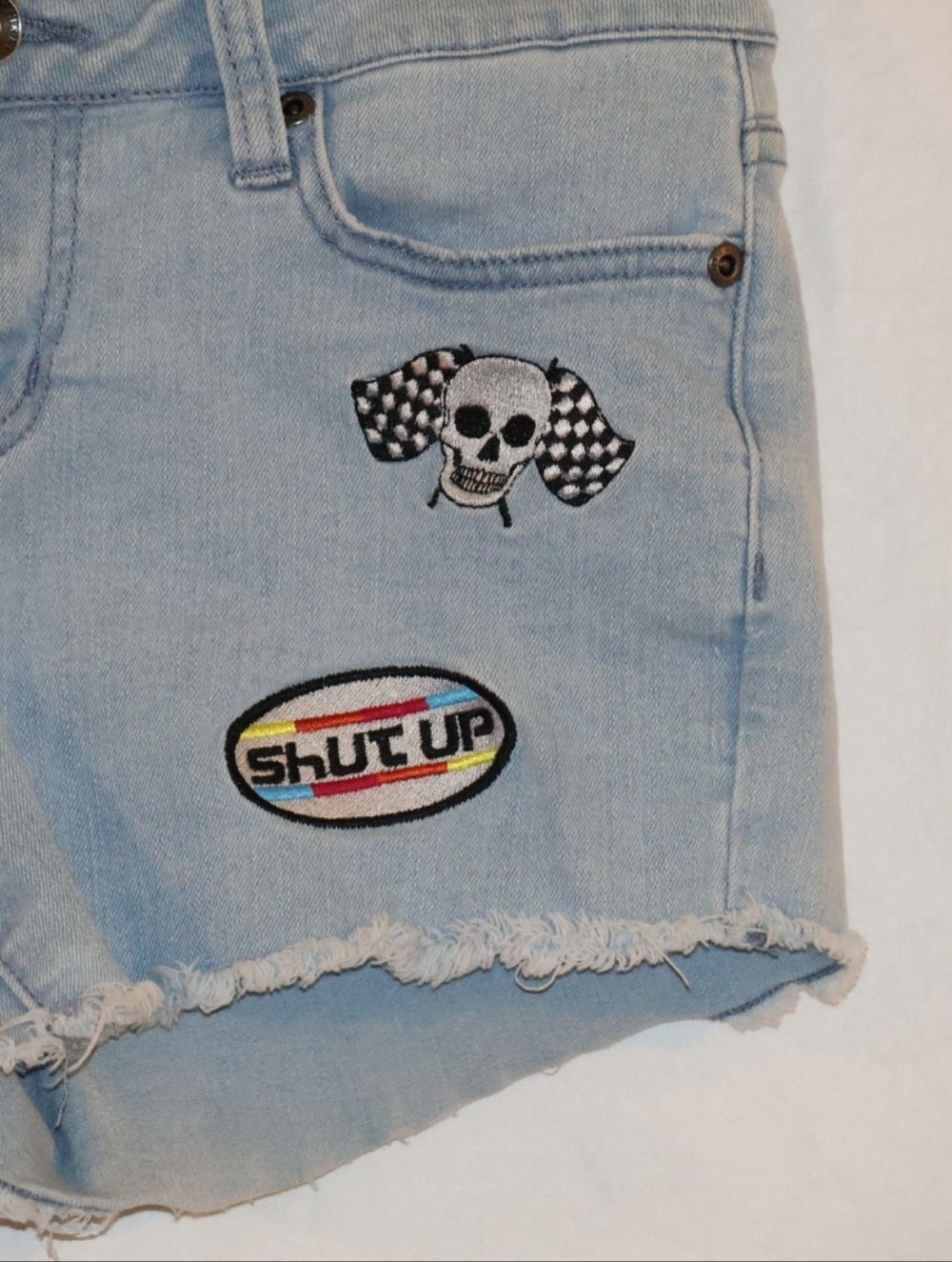 Blackheart Light Blue Distressed Drive Themed Denim Patch Shorts. - Picture 4 of 11